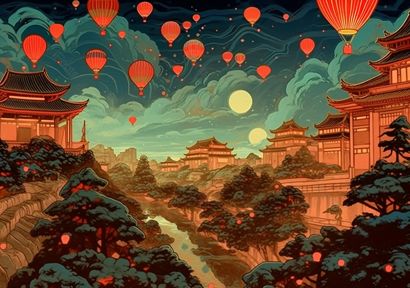 古建筑楼阁高山流水孔明灯插画背景,插画/手绘图,插画/手绘图库,插画/手绘图下载,插画/手绘